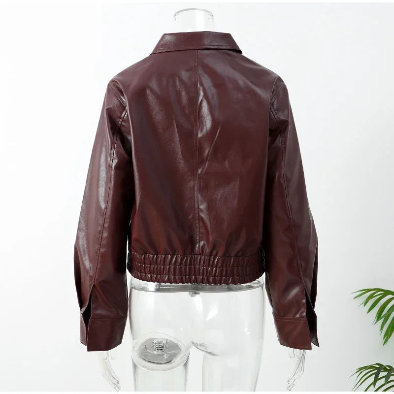 Vintage Wine Red Loose Short Leather Jacket Women Fashion Lapel Long Sleeves Zipper Cropped Coat 2025 Autumn Lady Street Outwear