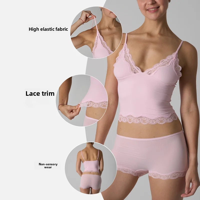 Europe American Simple Pink Light Thin Lace Strap Tank Top Flat Corner Lace Underwear for Women Comfortable Stretchy Short Sets