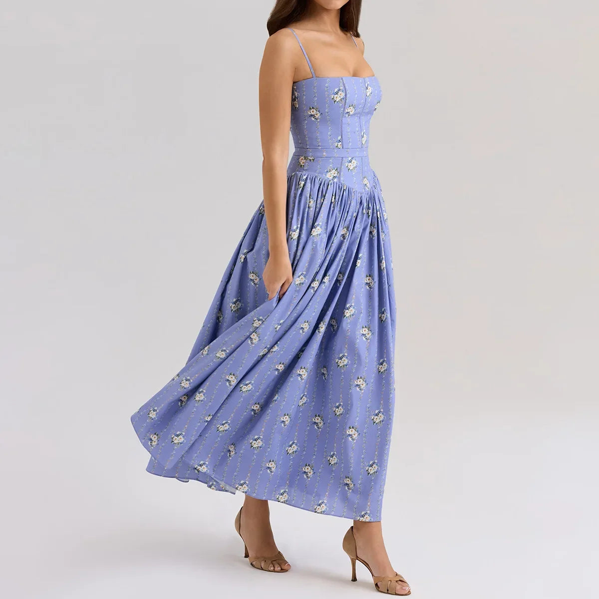 Floral Print Spaghetti Strap Midi Sundress - Elegant Boho Chic Summer Beach Dress