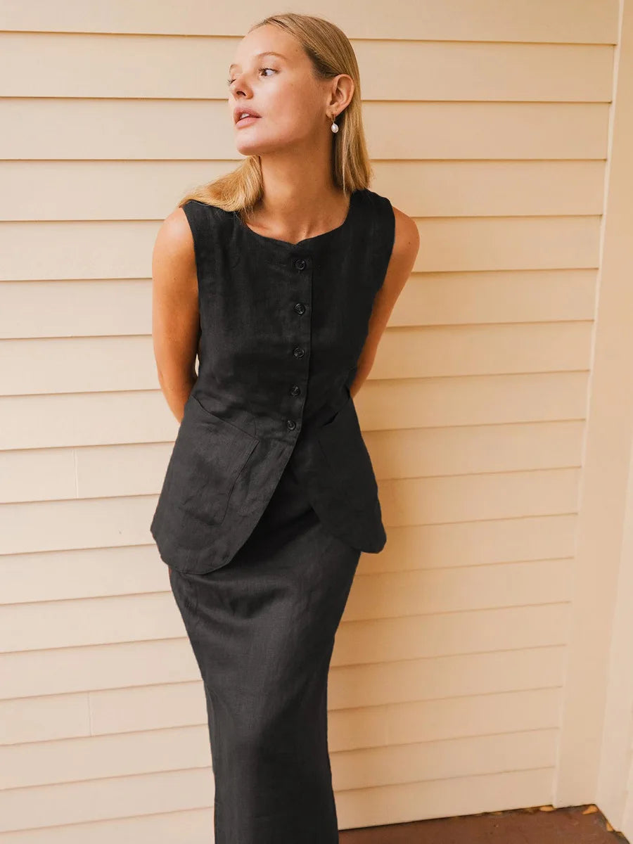 Bornladies Women's Sleeveless Vest High Waisted Skirt Set Spring Summer New Linen Casual Suit Fashion Office Lady Vest Set