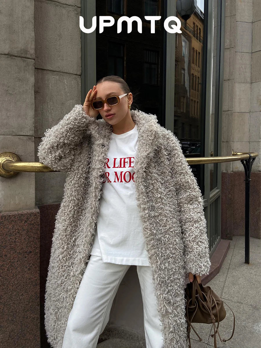 Gray Wool-Blend Faux Fur Maxi Coat