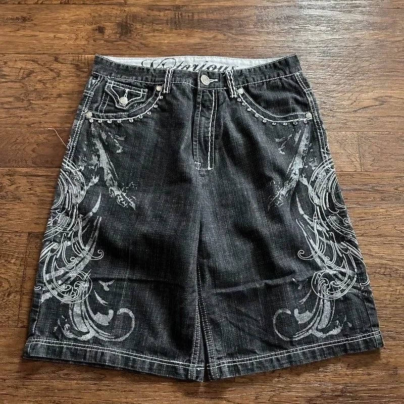 Men’s Y2K Gothic Embroidery Denim Shorts – Oversized Hip Hop Loose Fit