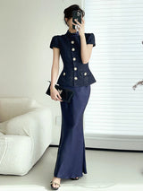 VGH Chic Two Piece Sets for Women Stand Collar Short Sleeves Spliced Pocket Tweed Top High Waist Maxi Skirts Vintage Suit Female