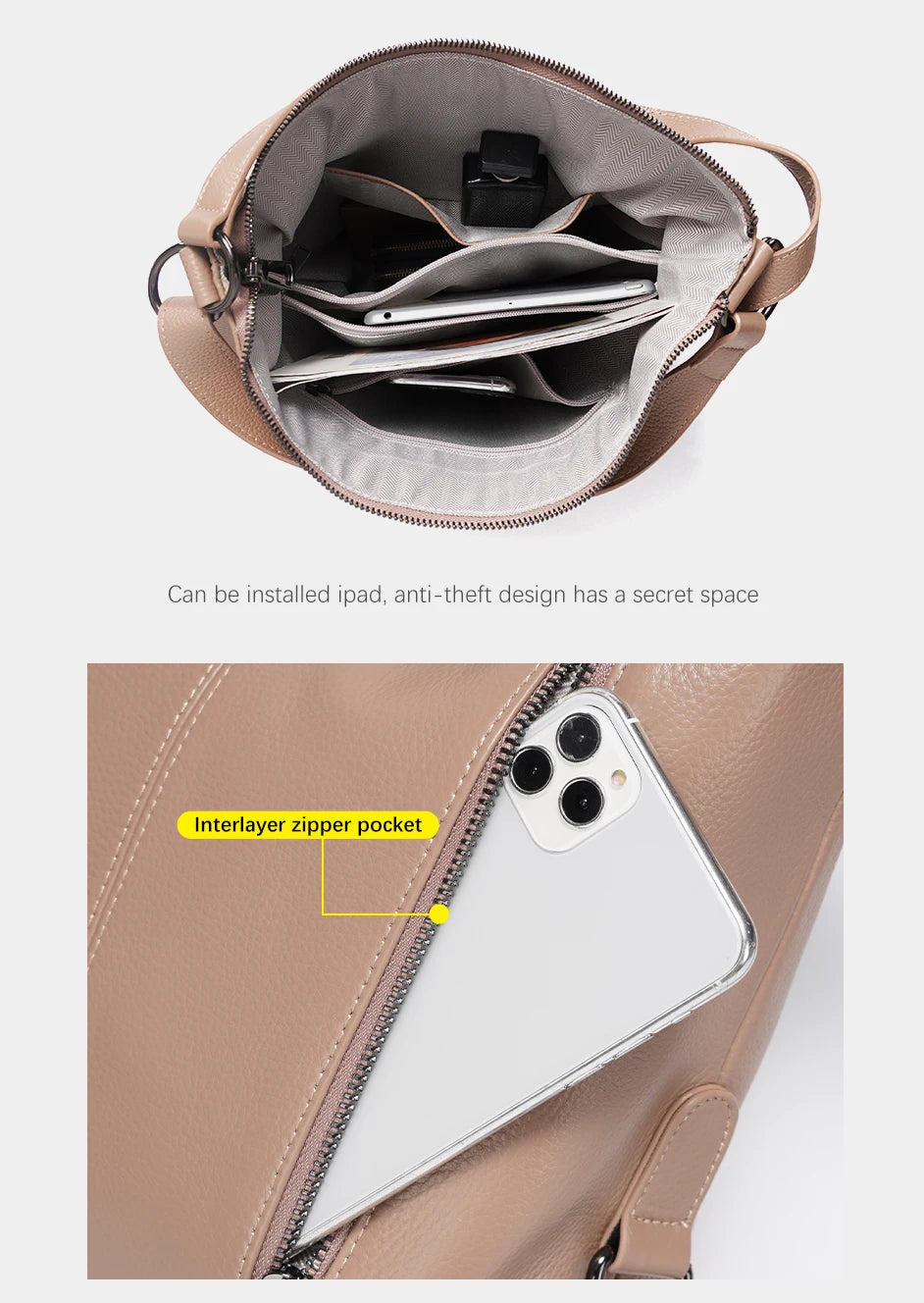 Zency Stylish Women Shoulder Bag 100% Genuine Leather Large Capacity Handbag Multifunction Satchel Bag Backpack Brown 2 in 1 Bag