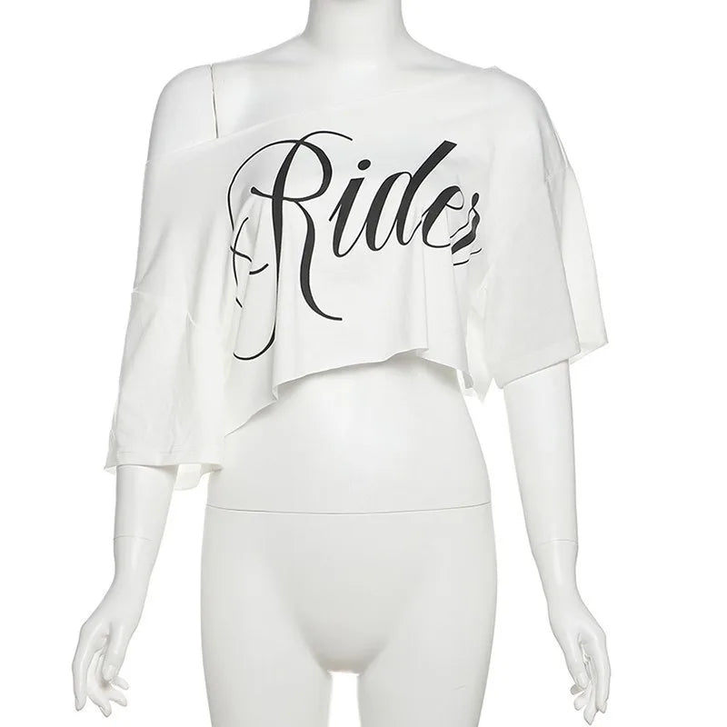 KSylCue Letter Print Off-Shoulder Crop Top