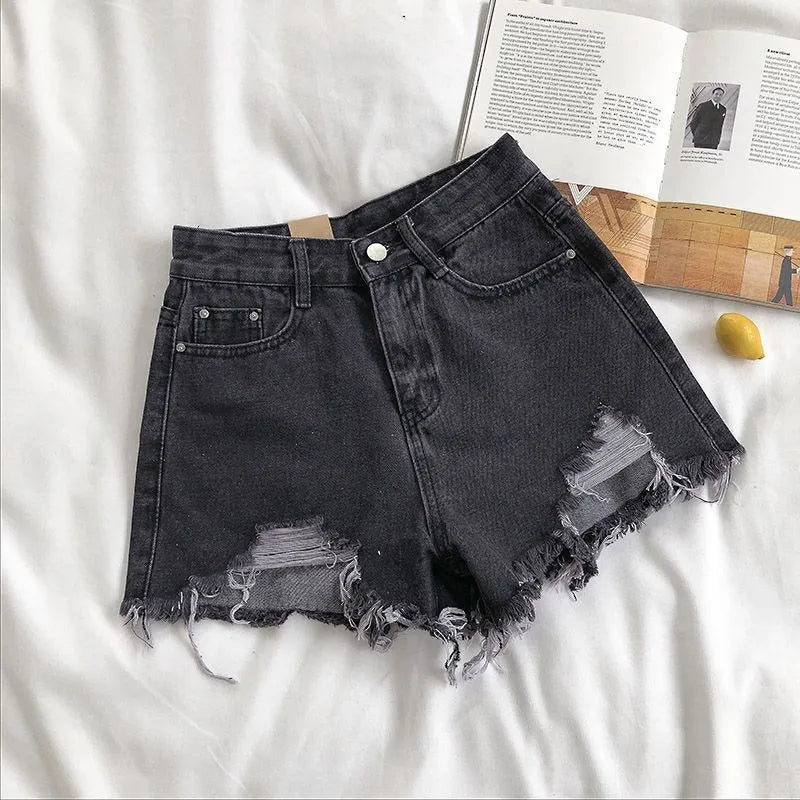 Women's High-Waist Y2K Ripped Denim Shorts – Distressed Tassel Jean Cut-Offs
