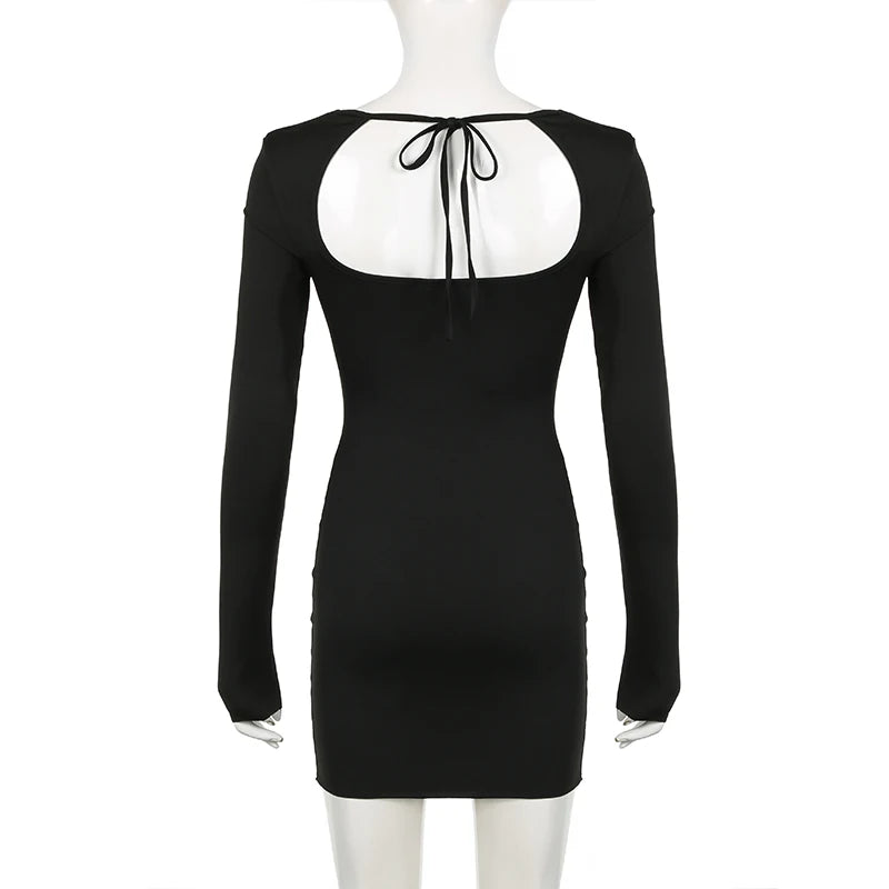 Autumn Black Square-Neck Backless Mini Dress - Long Sleeve Slim Fit Streetwear