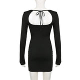 Autumn Black Square-Neck Backless Mini Dress - Long Sleeve Slim Fit Streetwear
