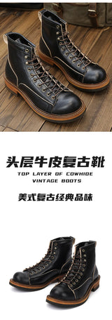 KOWM Hiking shoes men's walking boots British thick soled cowhide high top motorcycle boots ankle sneakers  casual trekking shoe