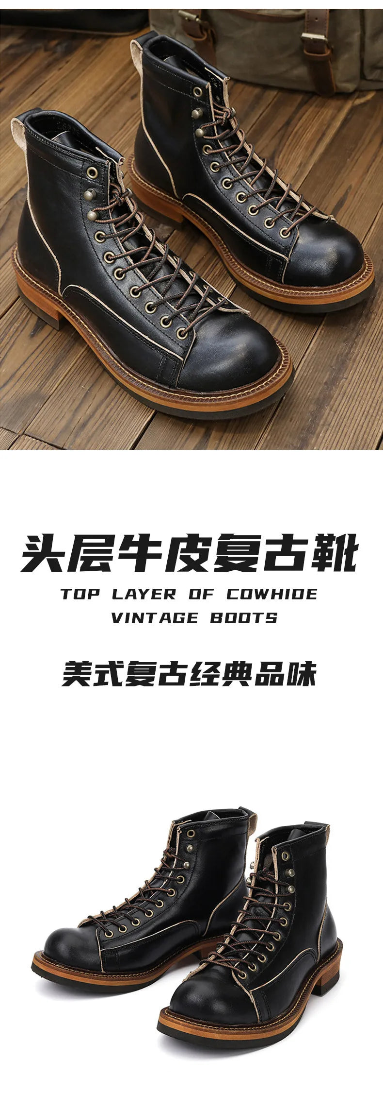 KOWM Hiking shoes men's walking boots British thick soled cowhide high top motorcycle boots ankle sneakers  casual trekking shoe