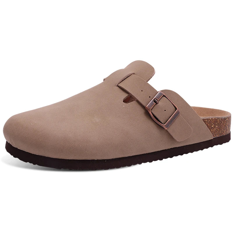 Evshine Men's Suede Clogs Fashion Leather Mules Cozy Footbed Slippers With Adjustable Buckle AntiSlip Cork Slippers Unisex Mules