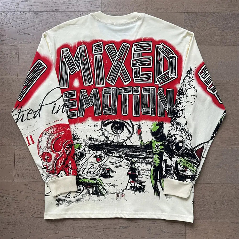 2026 New MIXED EMOTION Long Sleeve T-shirt Men Women High Street Full Print Best Quality Crewneck Hip Hop Oversized Tops