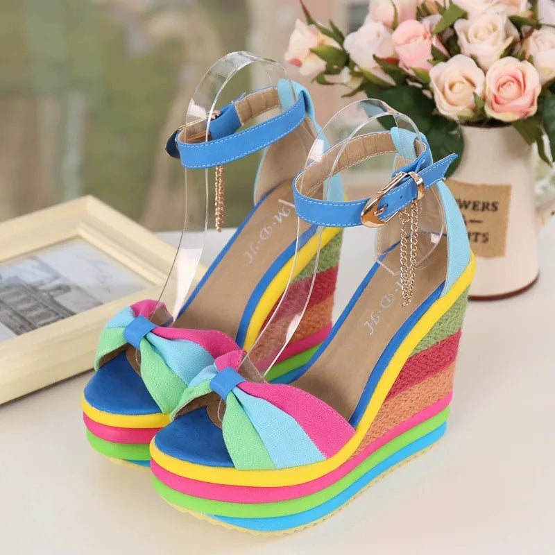 Women's Wide-Size Wedge Platform Sandals — Colorful Buckle Strap Gladiator