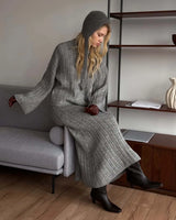 Hirsionsan Sexy Soft Elegant Vintage Women Suits 2 Pieces Female Sets Polo Neck Cardigan Sweater & Midi Dress Knitted TrackSuit