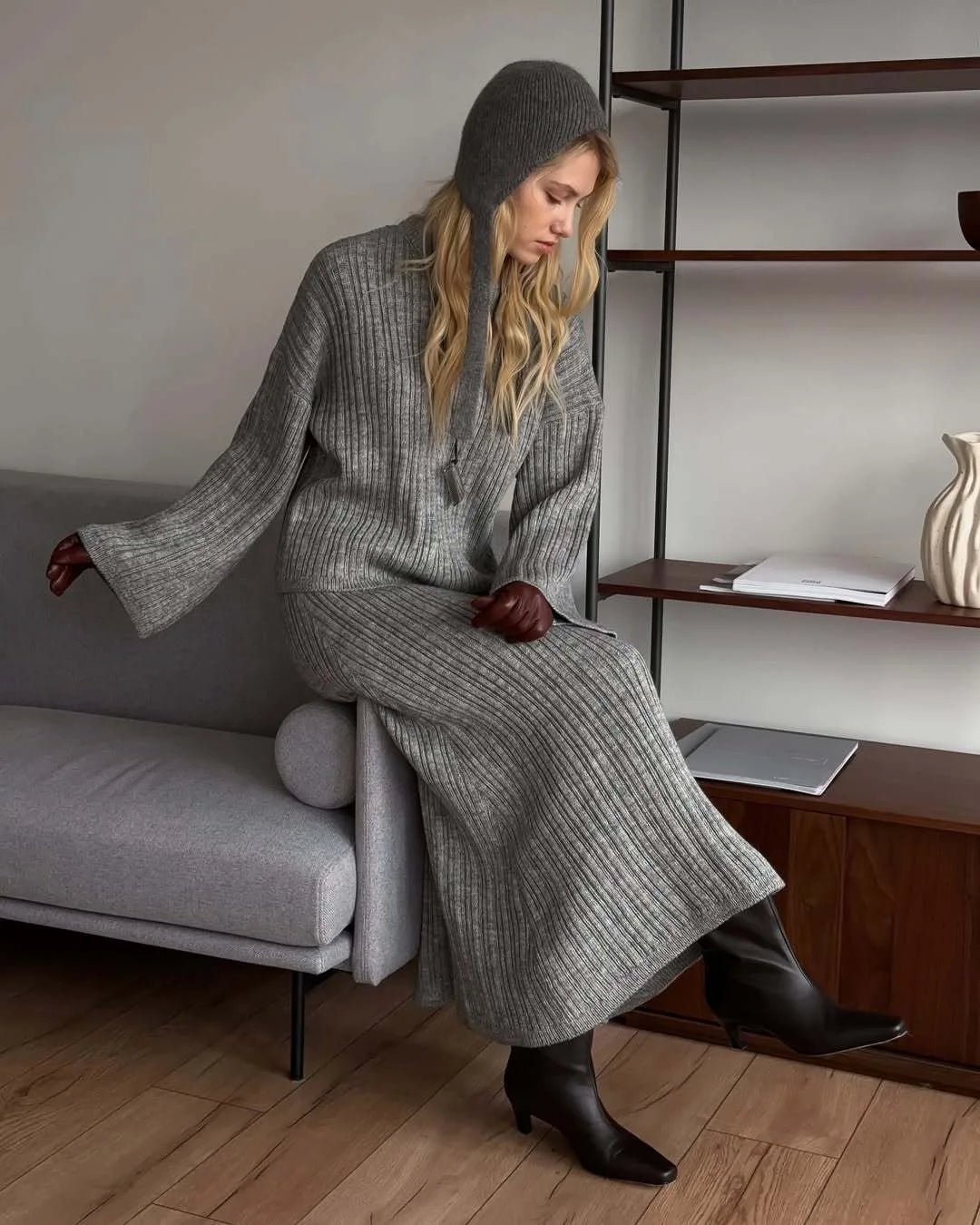 Hirsionsan Sexy Soft Elegant Vintage Women Suits 2 Pieces Female Sets Polo Neck Cardigan Sweater & Midi Dress Knitted TrackSuit