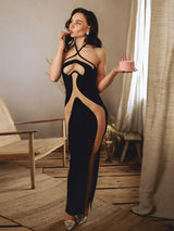 Elegant Mesh Patchwork Halter Gown