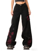 Women's Baggy Butterfly Jeans Vintage 90s Aesthetic Cowboy Pants Harajuku Oversize Denim Trousers Y2k 2000s Black Gothic Clothes