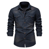 2025 Autumn Cotton Denim Shirts Men Casual Long Sleeve Quality Cowboy Shirt Solid Color Slim Fit Elastic Navy Blue Black Clothes