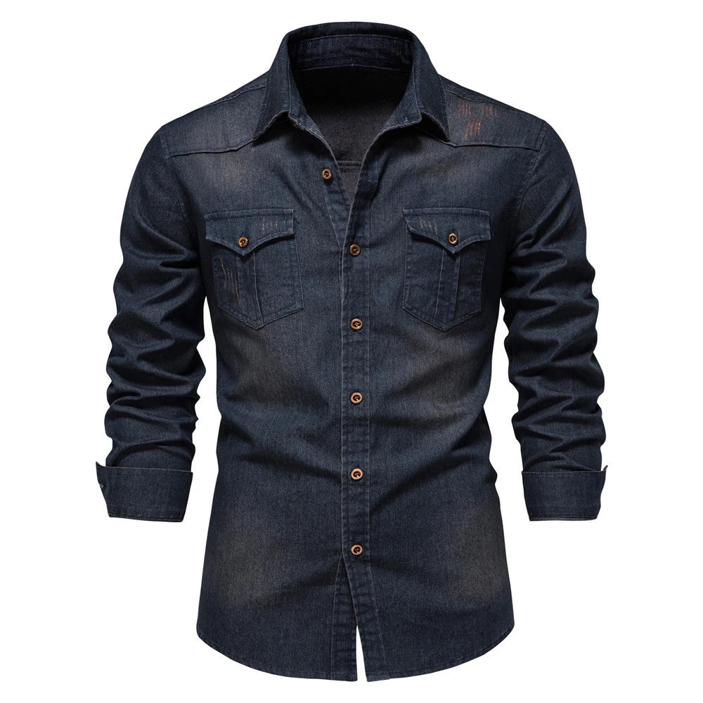 2025 Autumn Cotton Denim Shirts Men Casual Long Sleeve Quality Cowboy Shirt Solid Color Slim Fit Elastic Navy Blue Black Clothes