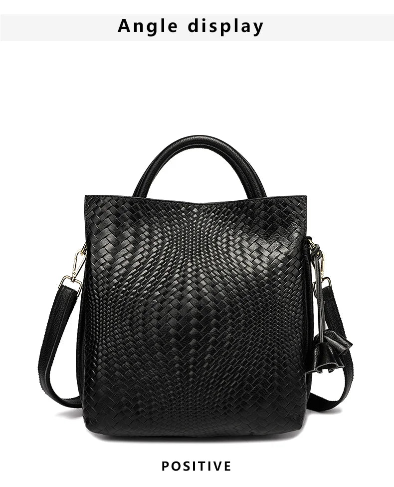 Fashionable and luxurious woven pattern casual versatile black woven pattern daily commuting cowhide women's handbag