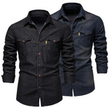 2025 Autumn Cotton Denim Shirts Men Casual Long Sleeve Quality Cowboy Shirt Solid Color Slim Fit Elastic Navy Blue Black Clothes