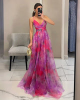 USA-Made Summer Floral Mesh Strap V-Neck Maxi Dress | Casual Holiday Party Long Skirt