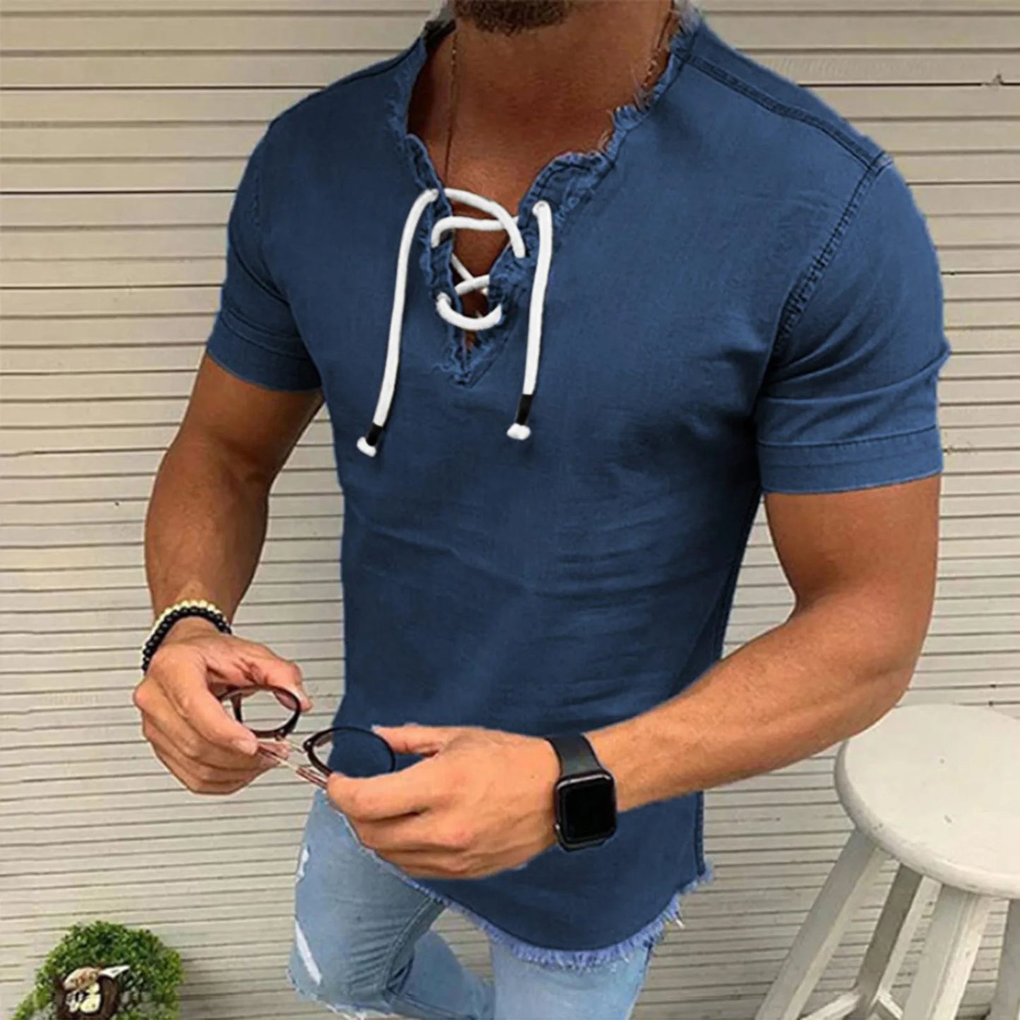Jeans Shirt Jackets For Man Short Shirt Tops Male V Tassel Denim Solid Neck Sleeve Blouse Men рубашка мужская с длинным рукавом