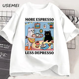 More Espresso Less Depresso Black Cat T-shirt Men Women Funny Coffee Cat T Shirt Casual Summer Cotton Short Sleeve Tshirt Tops