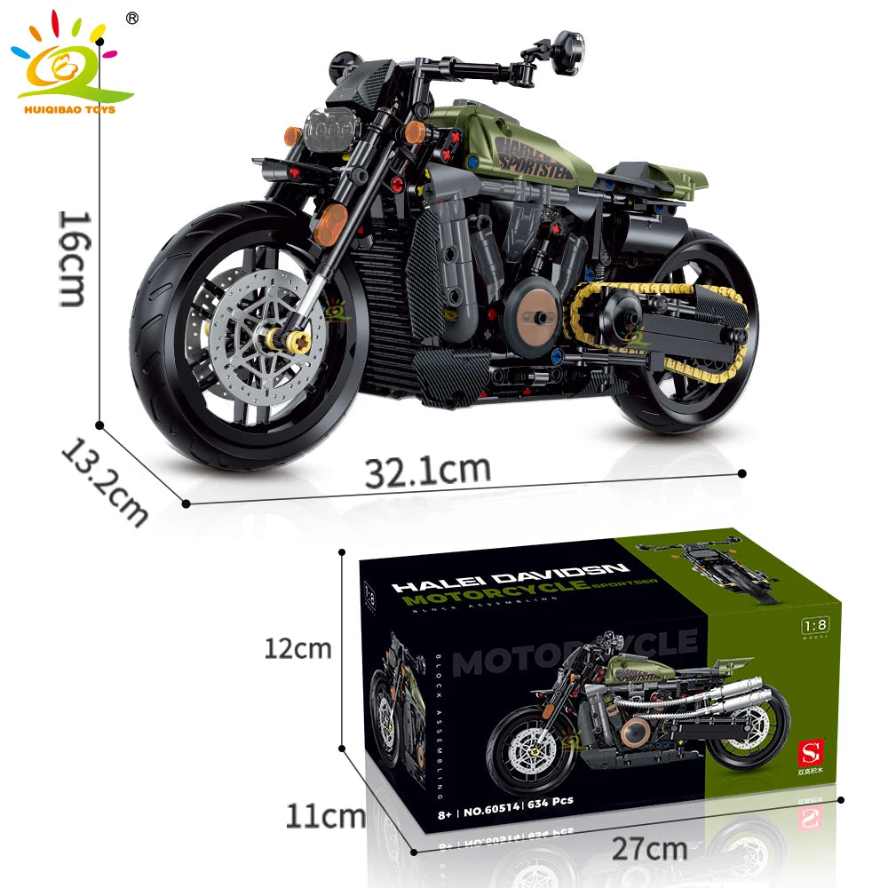 HUIQIBAO 1:8 Classic Motorbike Building Blocks High-tech Model Moto City Racer Bricks Toy for Kid Boy Children Adult MOC Car Set