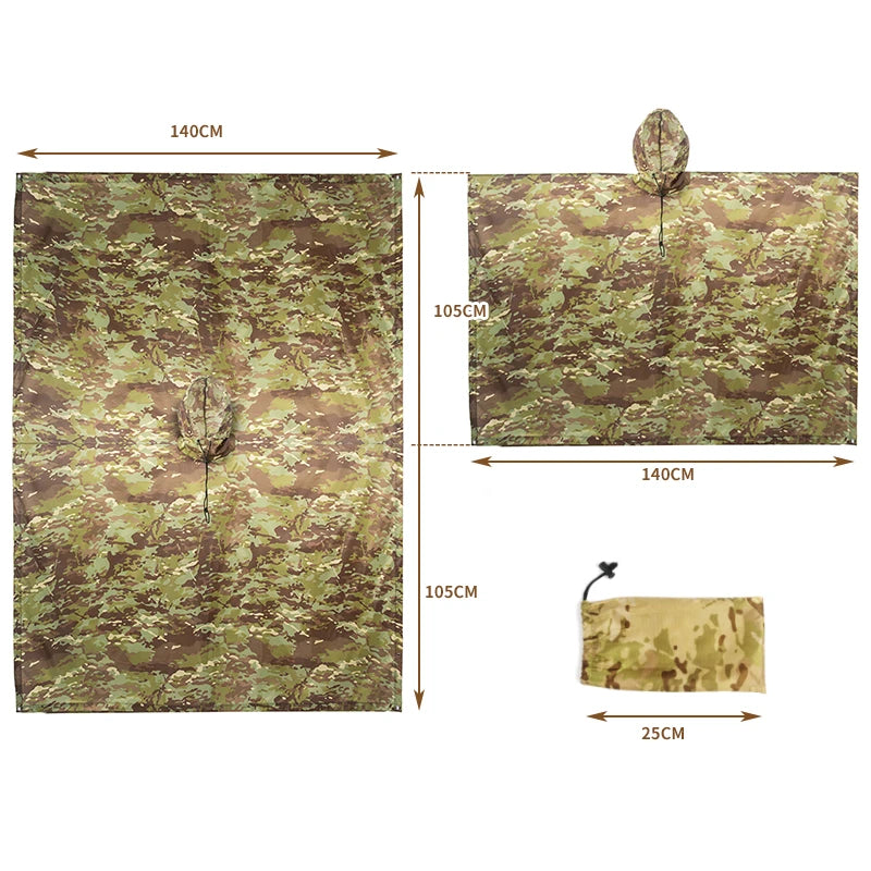 Military Camo Waterproof Rain Poncho & Shelter