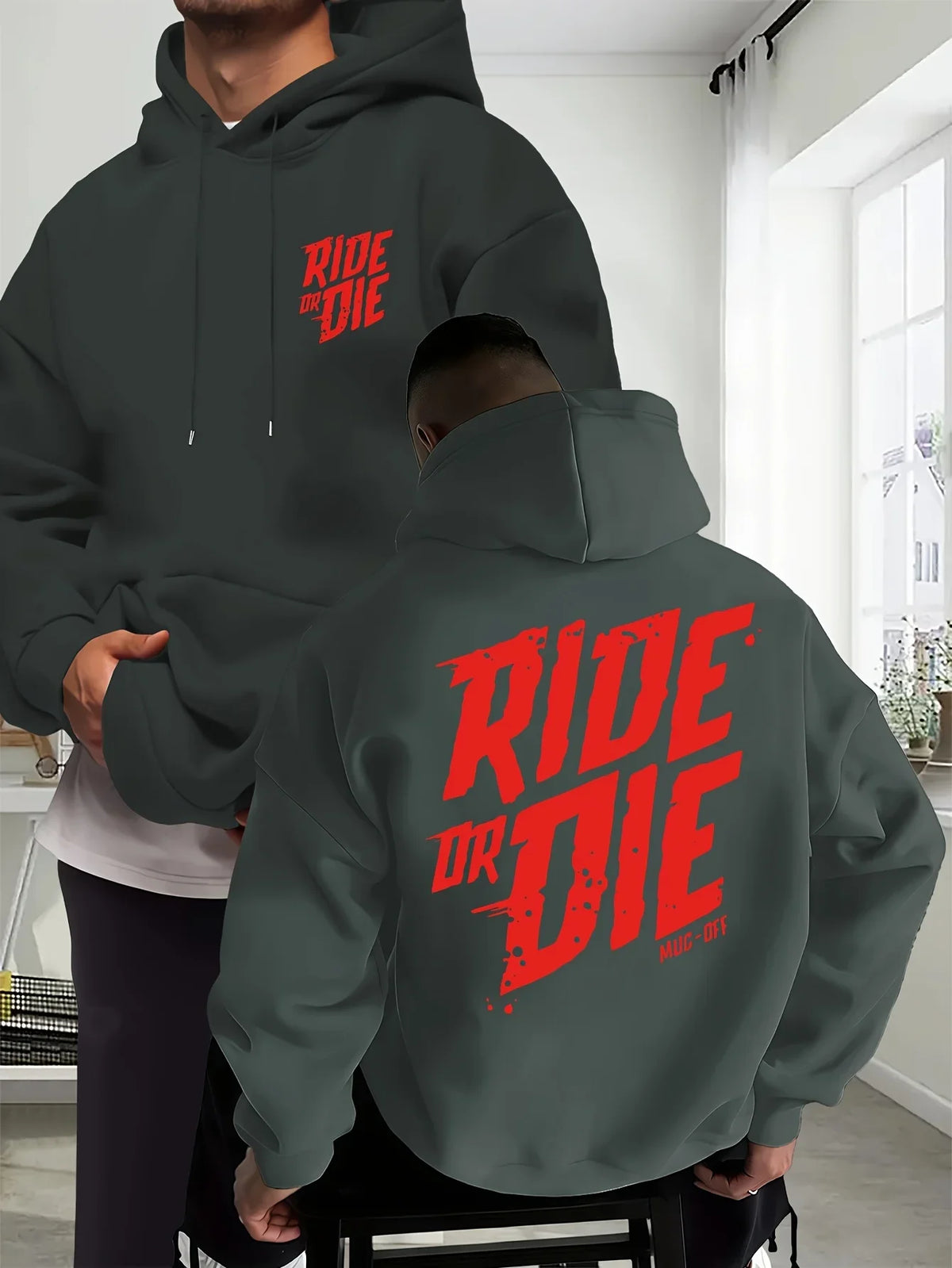 Men's Biker Hoodie Ride Or Die Letter Graphic Back Print Oversized Sweatshirt Motorcycle Streetwear Autumn Winter
