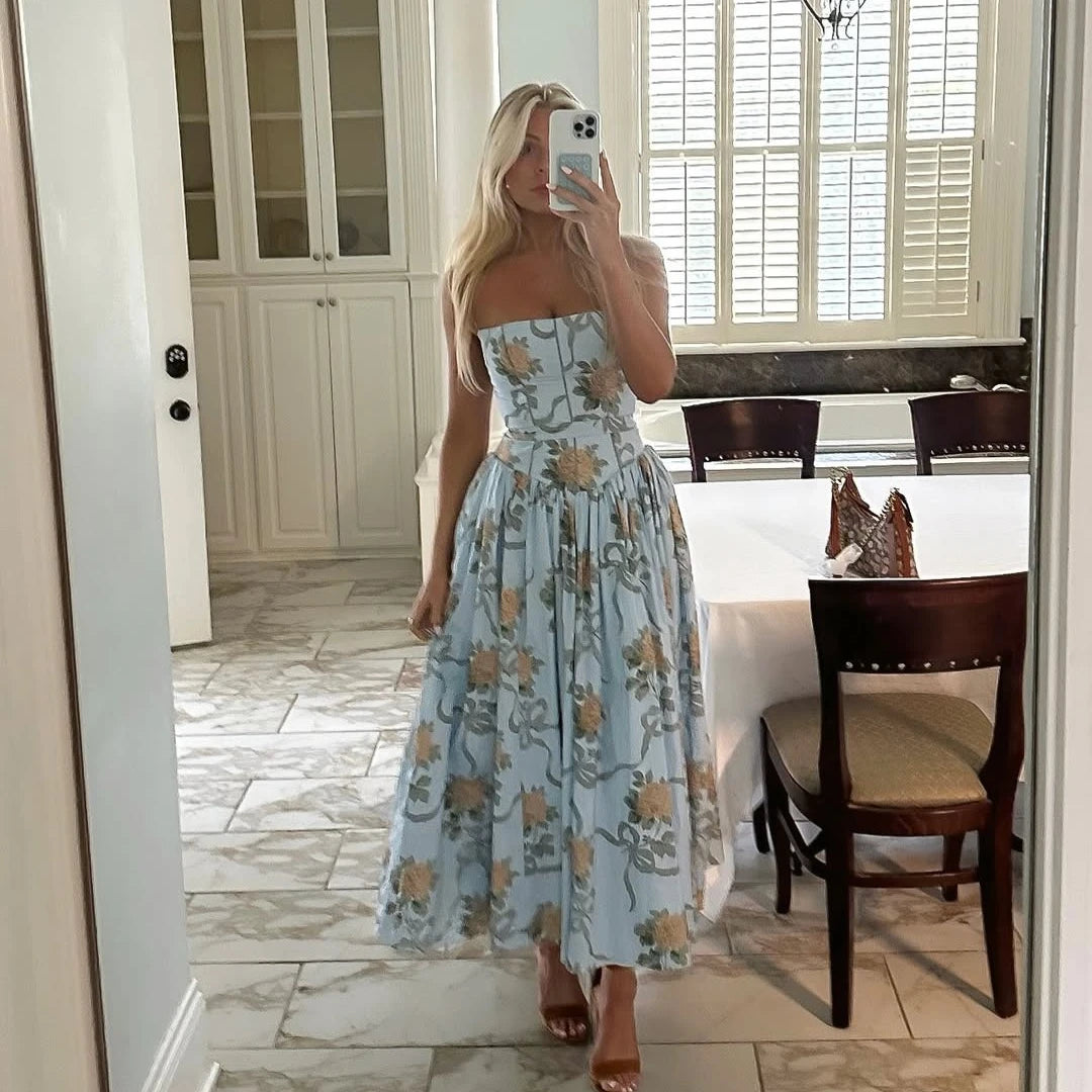 Floral Print Spaghetti Strap Midi Sundress - Elegant Boho Chic Summer Beach Dress
