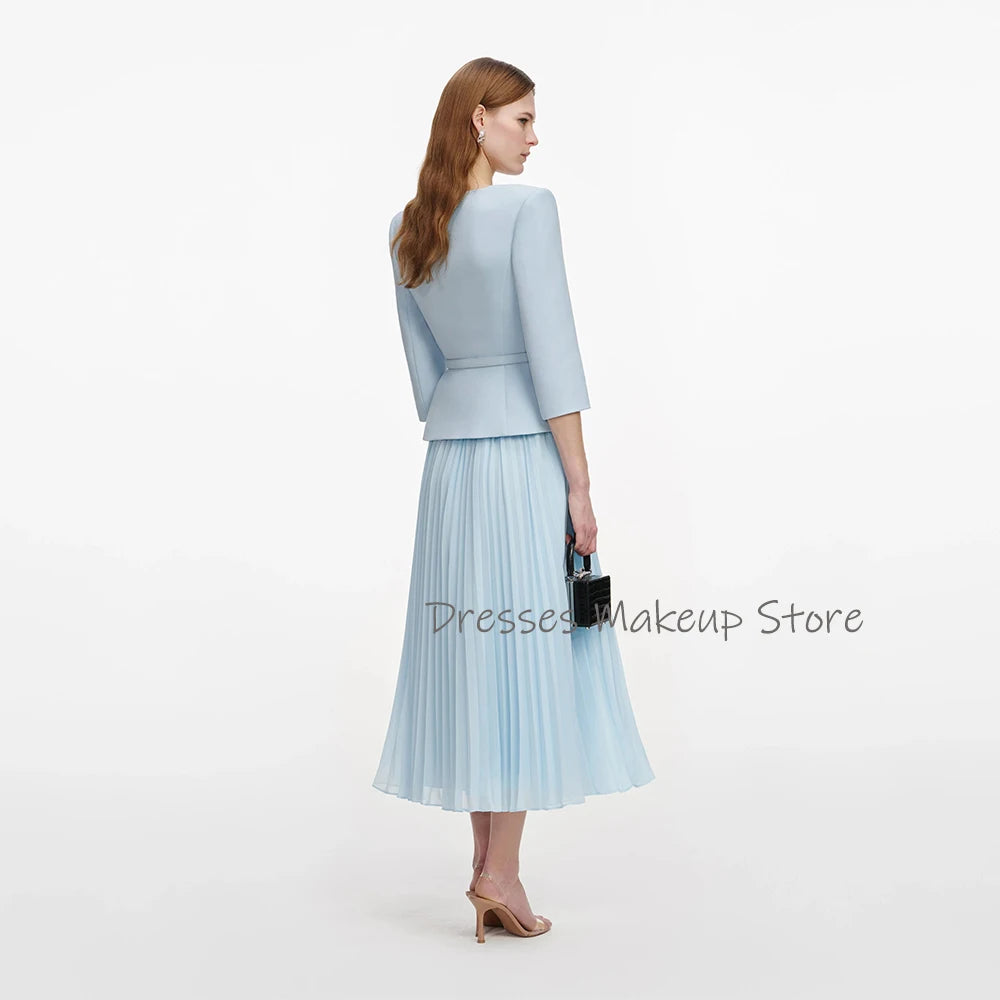 Customized 2 Pieces Cocktail Dress Light Sky Blue 3/4 Sleeves Modern Cocktail Gowns for Women 2026 Tea Length Formal Party Dress