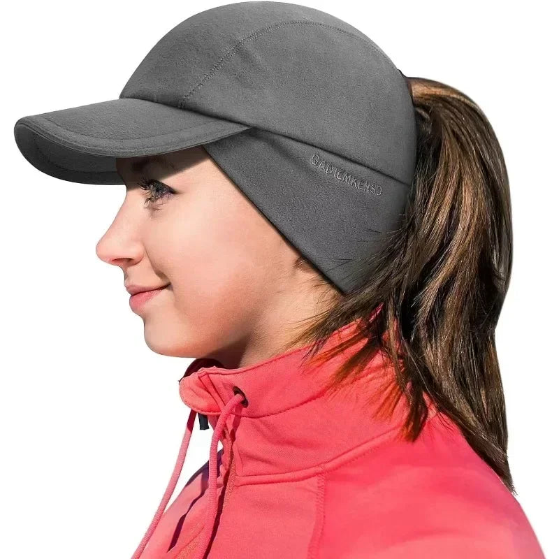 Women's Fleece Ponytail Hat with Ear Warmers & Reflective Cap