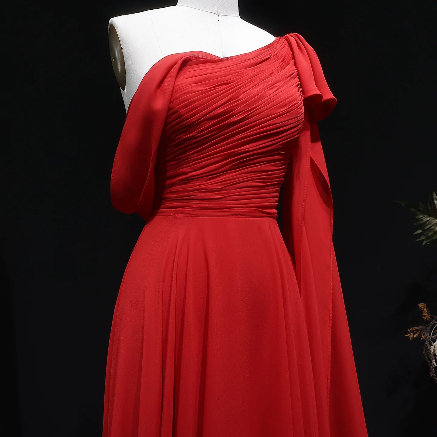 Sharon Said Red Off-Shoulder Satin Evening Gown with Bow Cape
