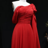 Sharon Said Red Off-Shoulder Satin Evening Gown with Bow Cape