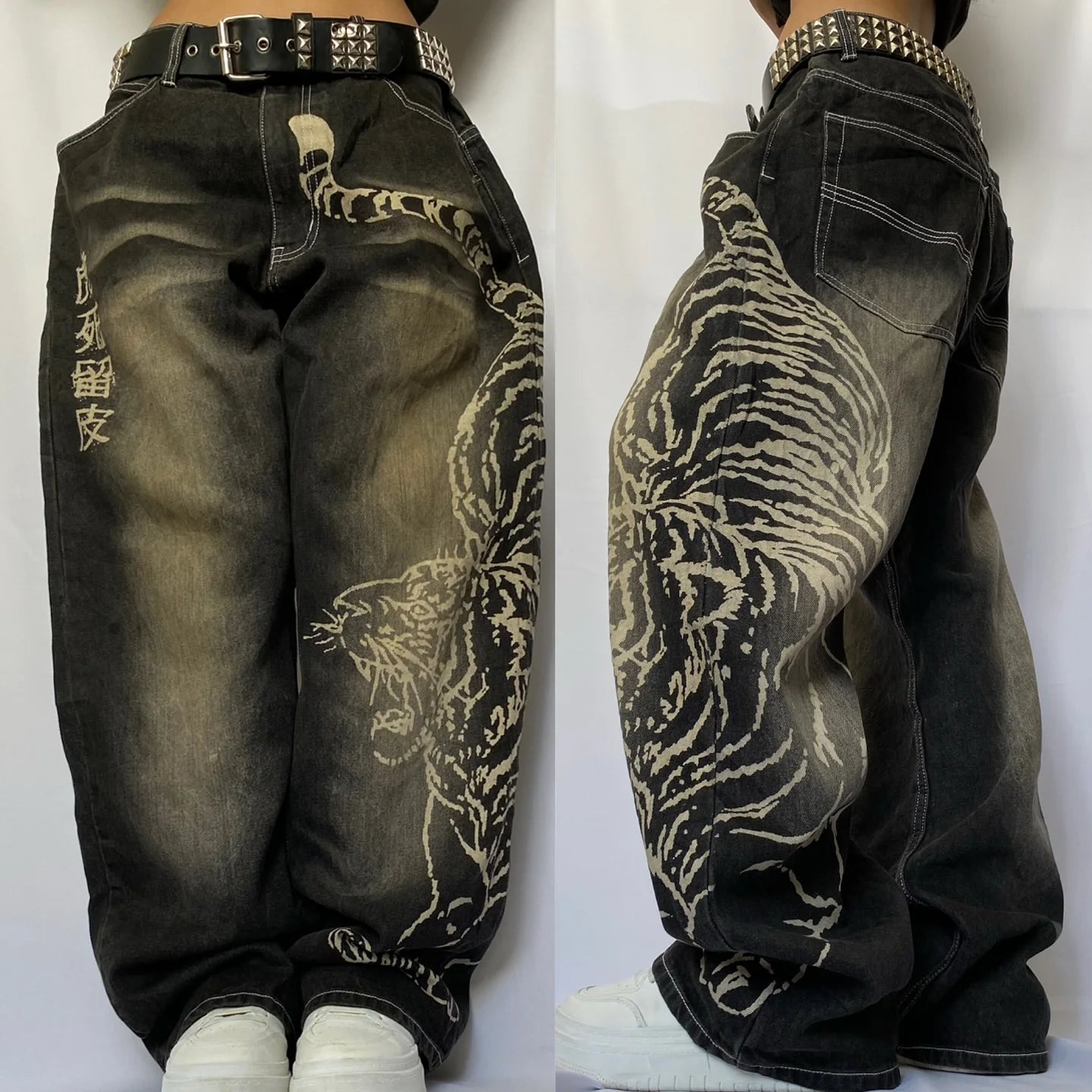 Harajuku Dragon & Snake Embroidered Wide-Leg Jeans