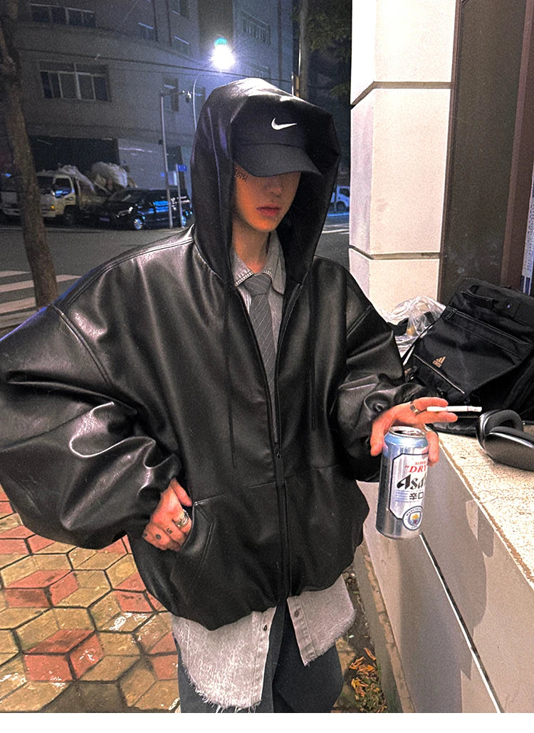Men’s Oversized Hooded Faux Leather Jacket