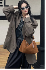 Wholesale Women Suede Bag Female Retro Frosted Cowhide Split Leather Armpit Shoulder Bag Lady Handbag Trendy Crossbody Messenger