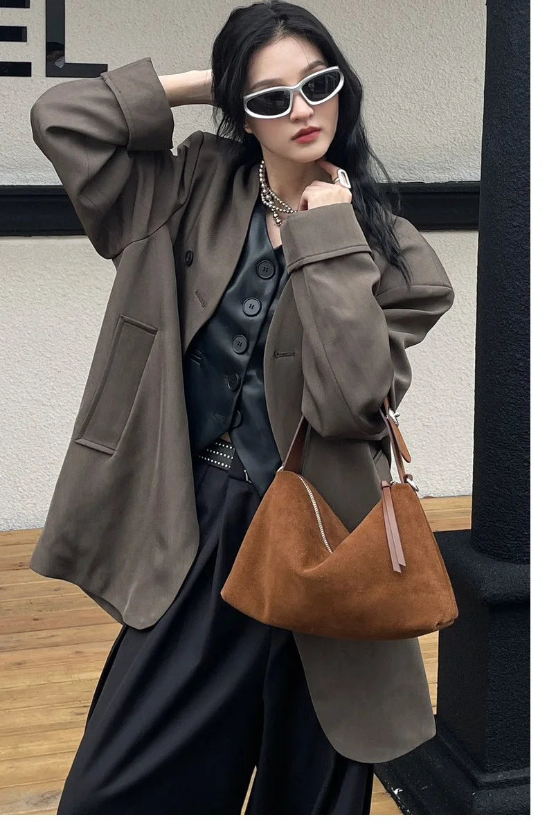 Wholesale Women Suede Bag Female Retro Frosted Cowhide Split Leather Armpit Shoulder Bag Lady Handbag Trendy Crossbody Messenger