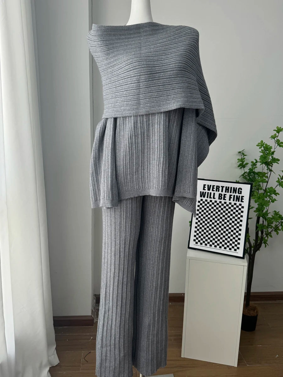 Hirsionsan Soft Elegant Vintage Women Suits 3 Pieces Female Sets O Neck Sweater & Wild Leg Pants with Scarf Knitted TrackSuit