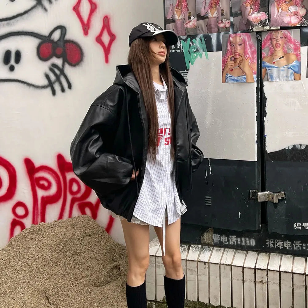 High Street Black Color Pu Leather WIndbreaker Coat Mens and Women Cleanfit Casual Loose Zipper Hooded Jackets Oversized