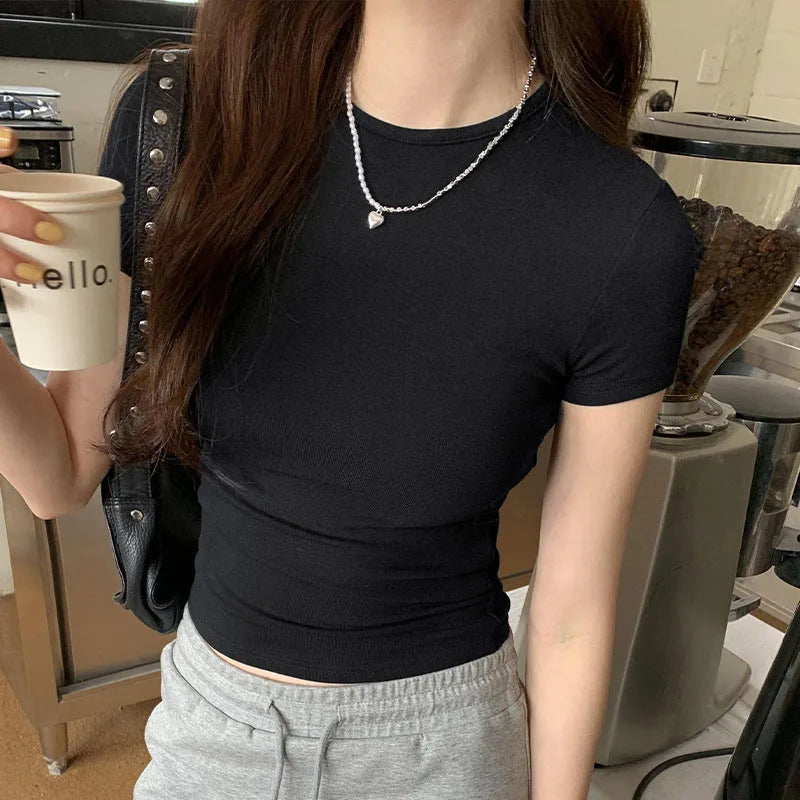 Y2K Vintage Slim Fit Crop Top - Solid Crewneck Short Sleeve Tee