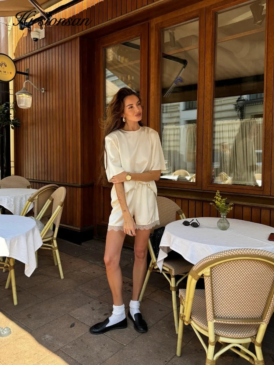 Hirsionsan Loose Sets Women Two Pieces Short Tops & Lace Patchwork Shorts Elegant Female High Quality Outfits Soft Tracksuit