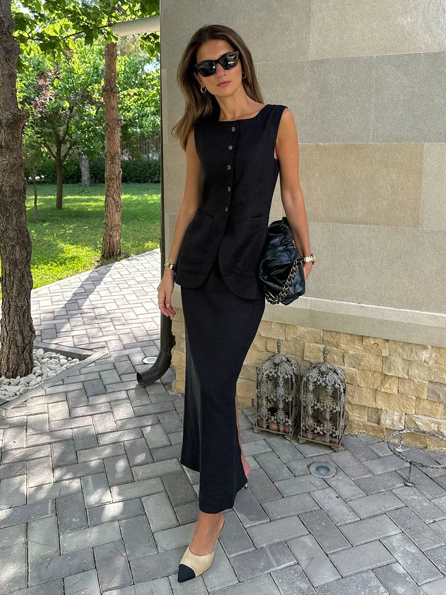 Bornladies Women's Sleeveless Vest High Waisted Skirt Set Spring Summer New Linen Casual Suit Fashion Office Lady Vest Set