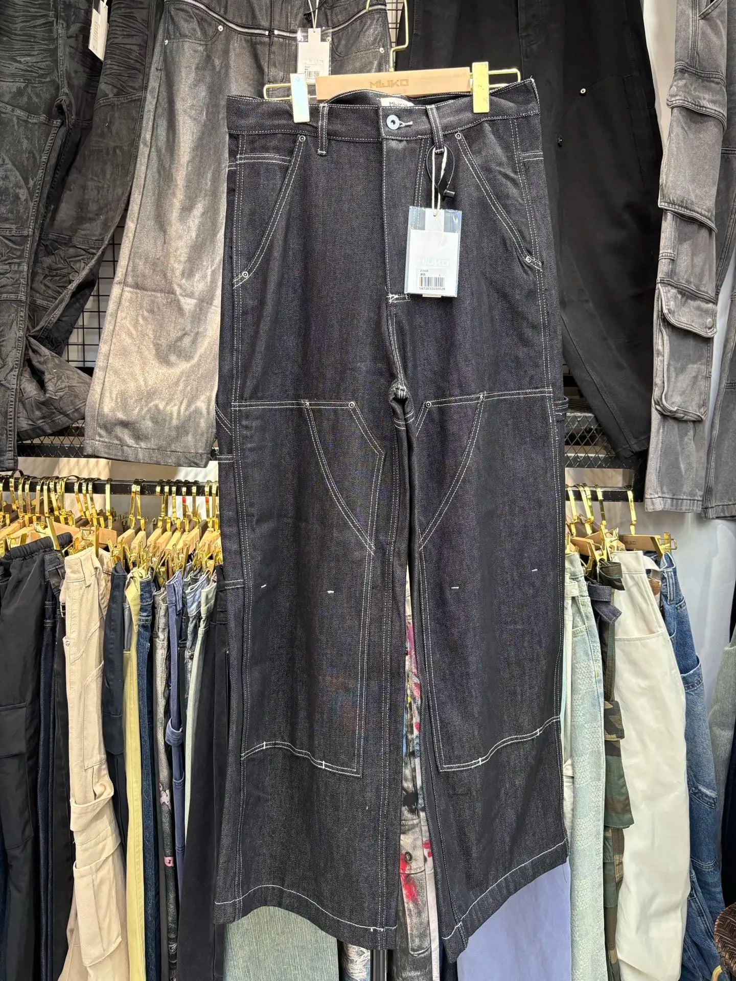 MIJKO Black Original Cow Jeans Wood Trousers Bright Line Design Comfortable Fit Workwear Casual Pants ZJ118