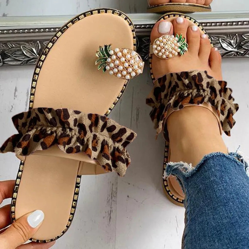 Women's Bohemian Flat Sandals — Pearl & Pineapple Detail Beach Slides
