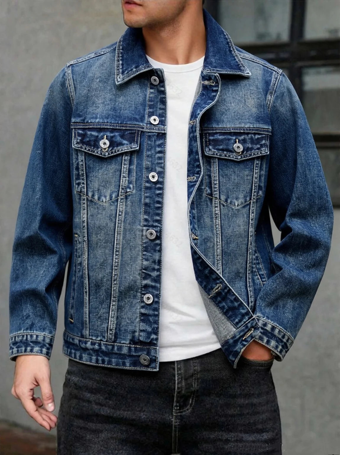 American style multi pocket denim jacket for men blue grey vintage washed loose fitting versatile trendy workwear jacket
