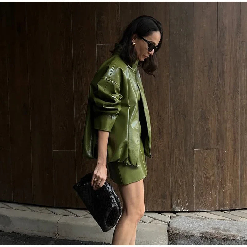 Vintage Green Leather Skirt Sets Women Fashion Solid Strapless Short Skirts Zipper Jacket Outfits Lady Daily Highstreet Outfits