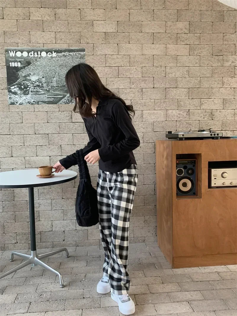 Plaid Plush Wide-Leg Trousers